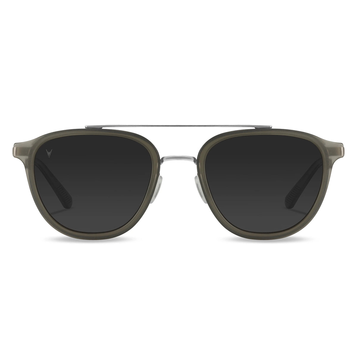 A pair of round full frame sunglasses with a metal bridge and acetate temples, in a gray color.