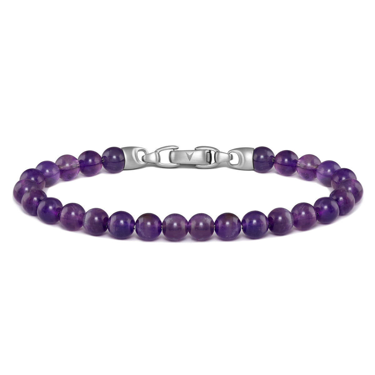 Purple beaded bracelet with a silver clasp on a white background