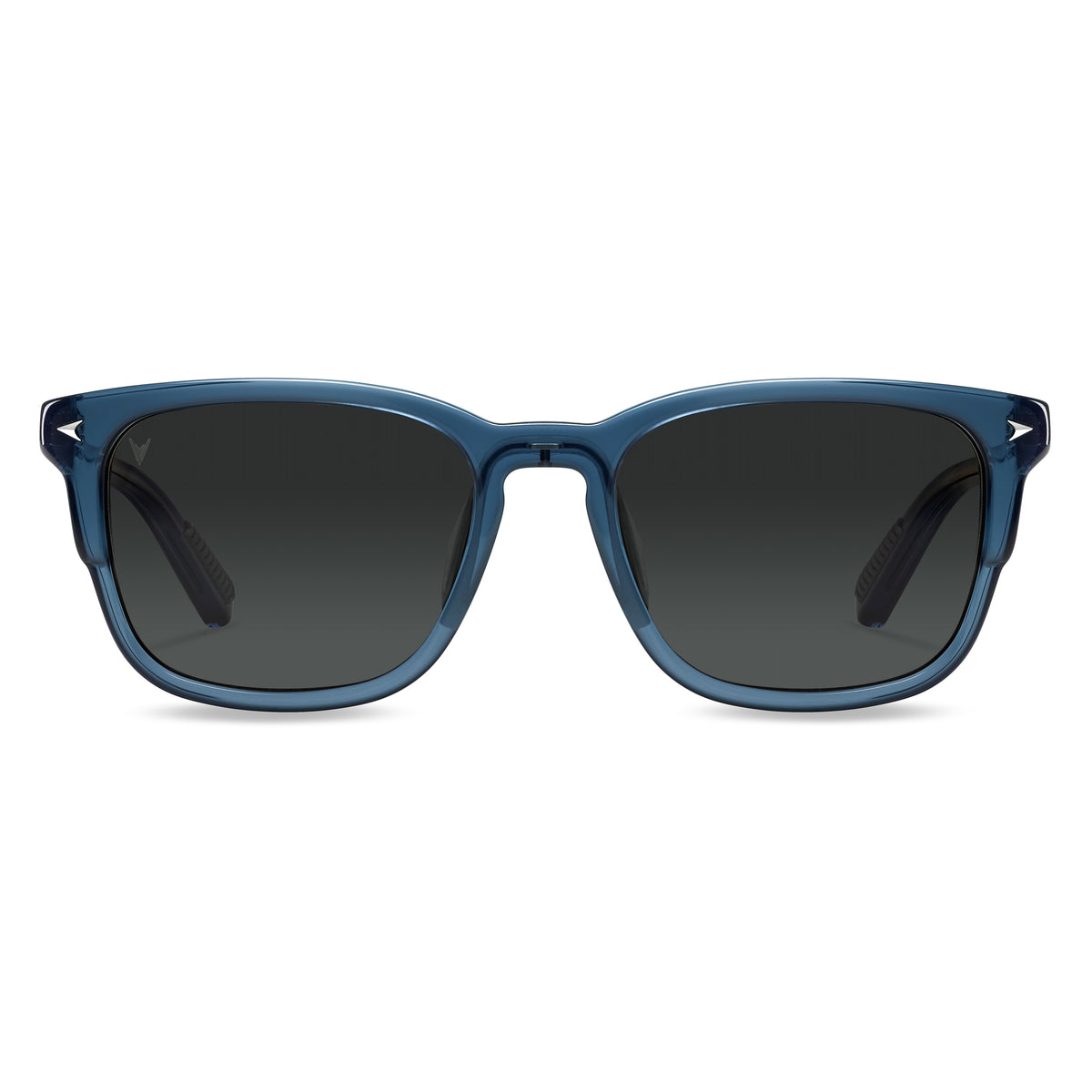 Blue sunglasses with dark lenses on a white background