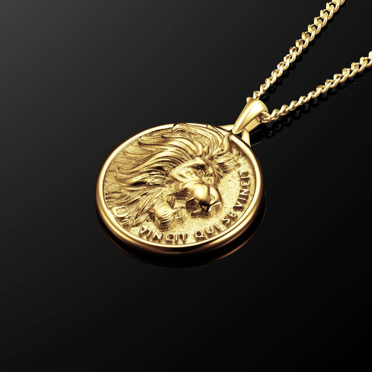 Gold coin pendant necklace on a black background