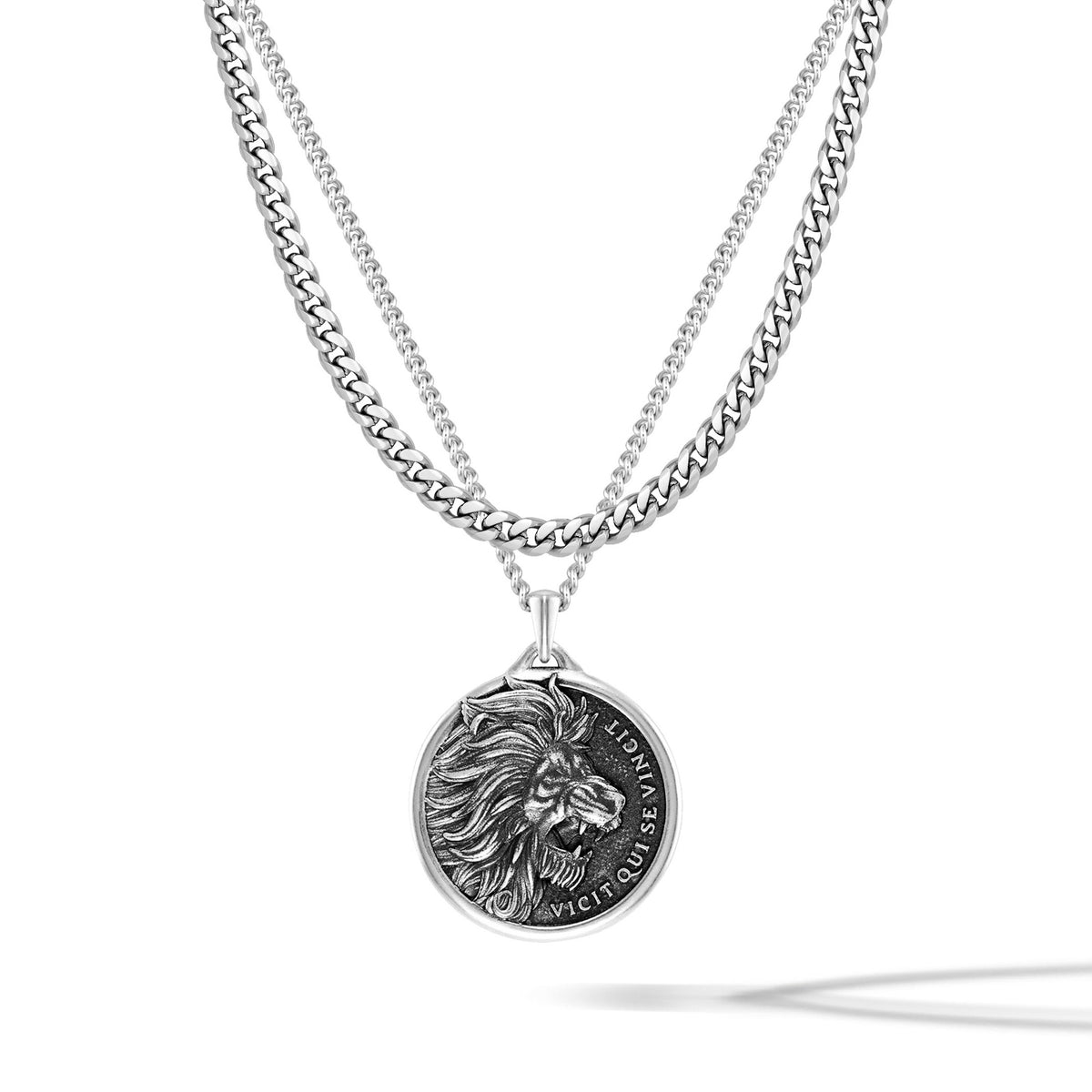 Silver necklace with a lion head pendant on a white background