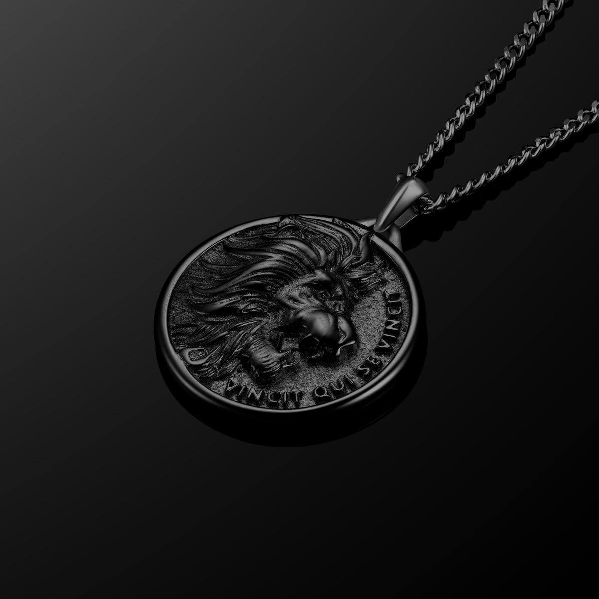 Black lion pendant for men on black background. 