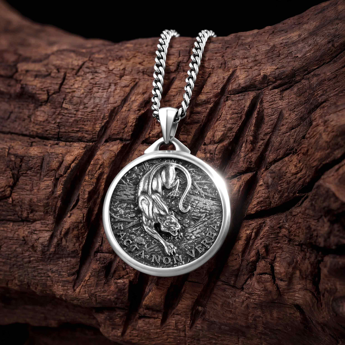 Silver lion pendant necklace on a wooden surface