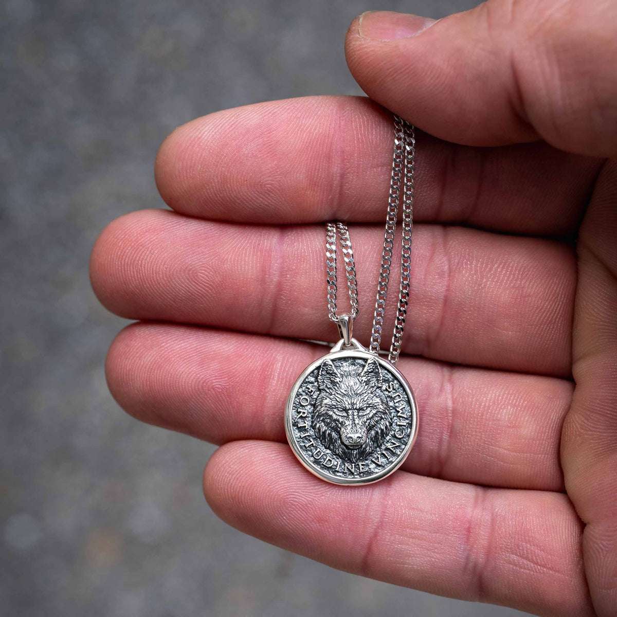 Silver chain necklace with silver wolf pendant, displayed in a man's hand