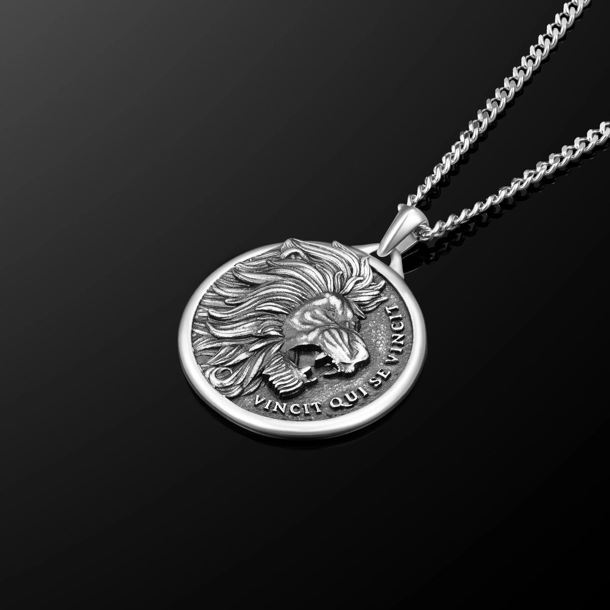 Silver lion head pendant necklace on a black background