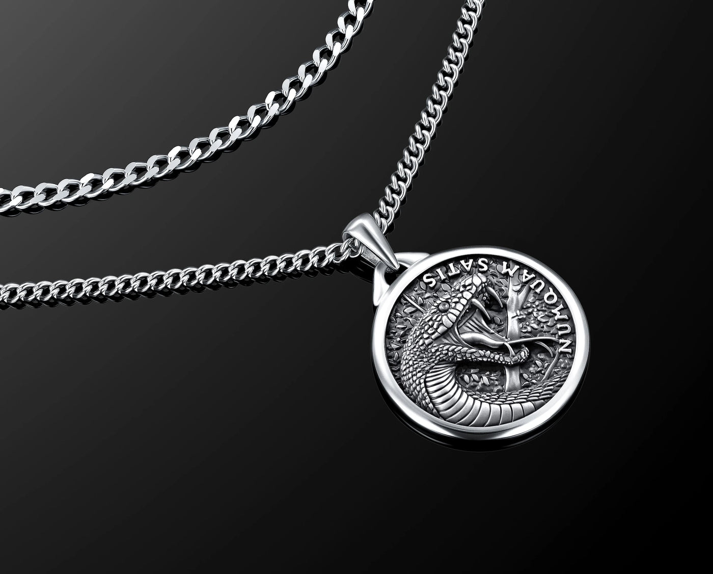 Men's black mamba pendant on two chains 