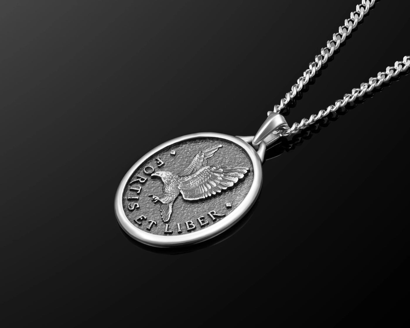 Close-up of a silver chain necklace with silver eagle pendant 