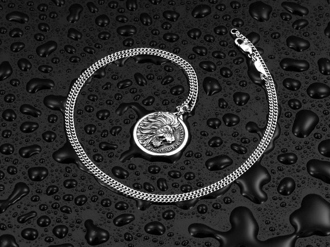 Silver chain necklace with a lion pendant on a black textured background