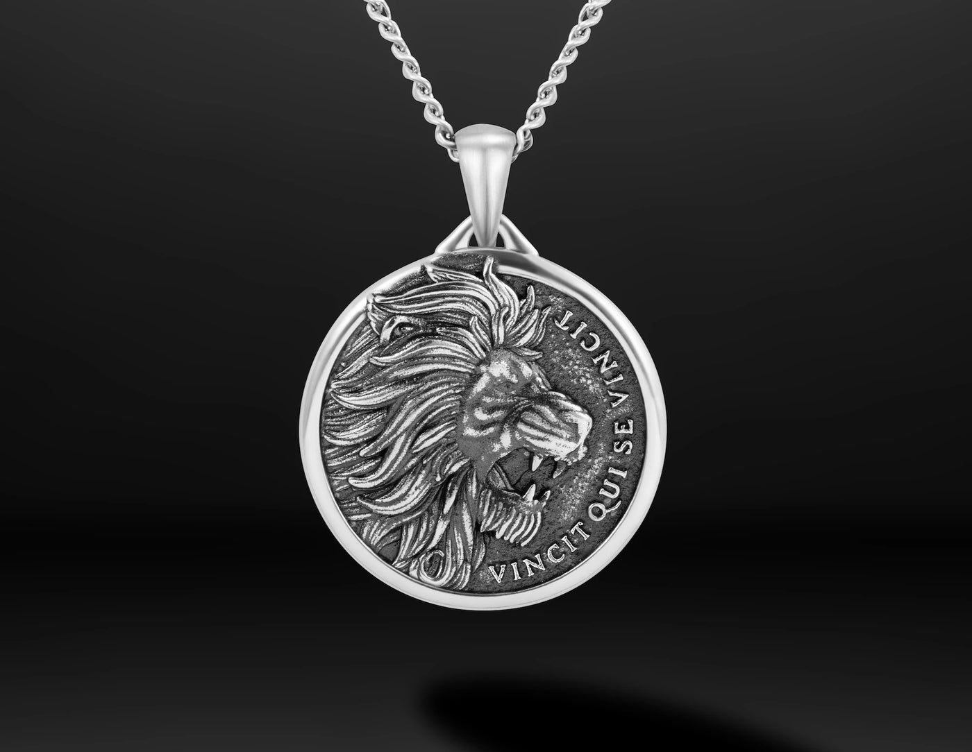 Silver lion head pendant necklace on a dark background