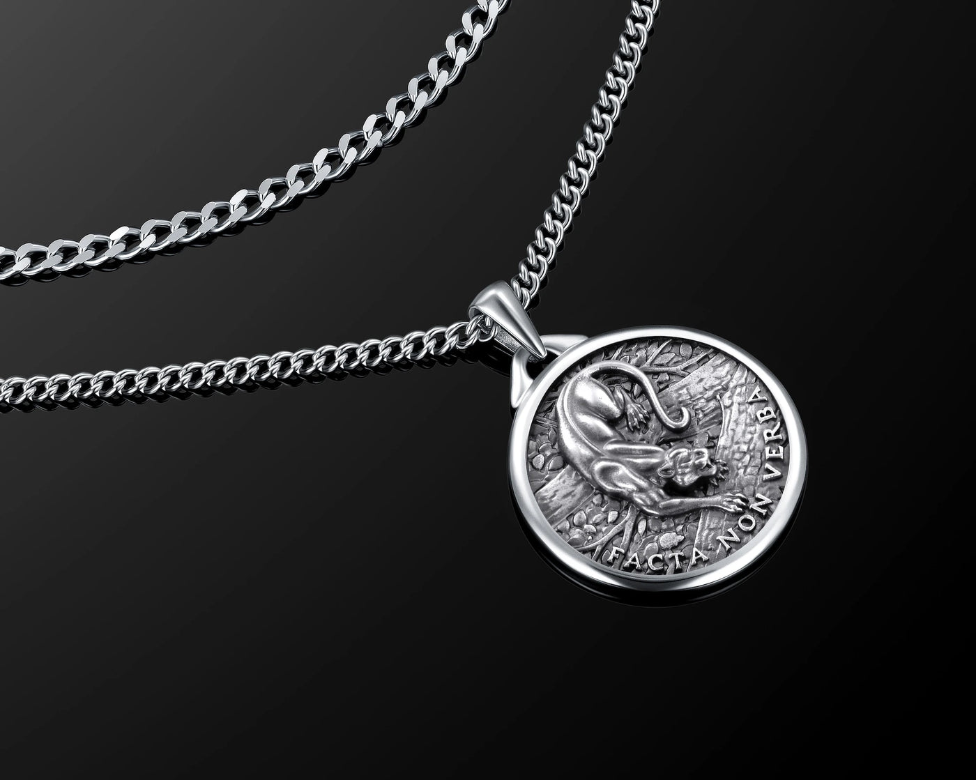 Black panther pendant, sterling silver on black 
