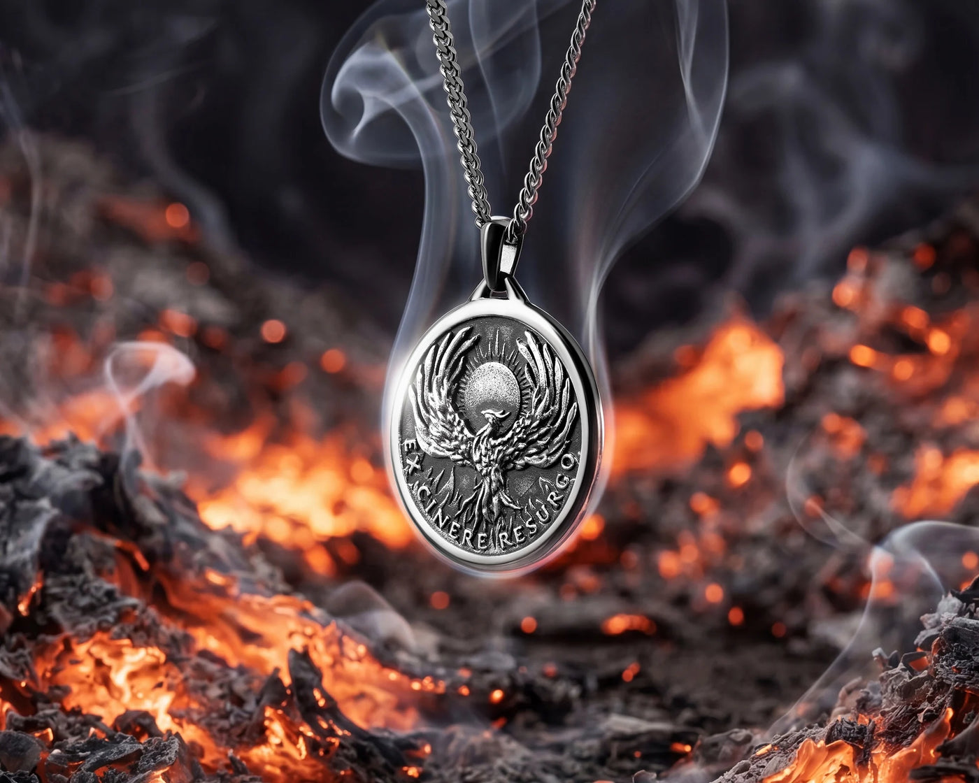 Men's sterling silver phoenix pendant over ashes 