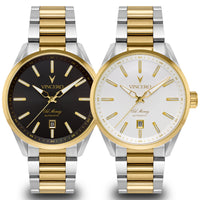 Two Vincero men's automatic wristwatches with two-tone stainless steel and gold links, shown side by side on a white background. The left watch has a black dial, and the right watch has a white dial.