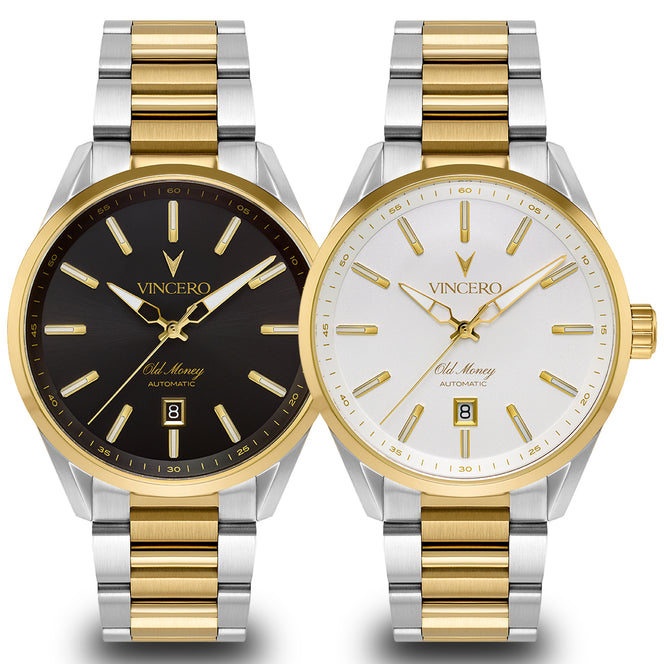 Two Vincero men's automatic wristwatches with two-tone stainless steel and gold links, shown side by side on a white background. The left watch has a black dial, and the right watch has a white dial.