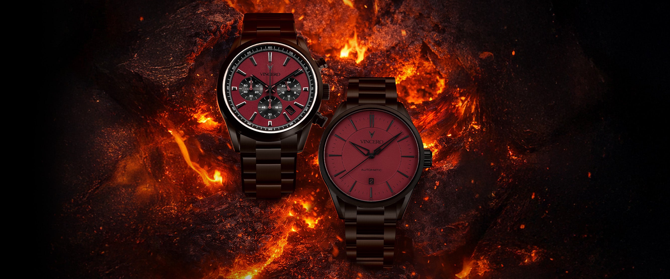 Two watches with red faces and black straps on a fiery background