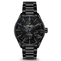 Black wristwatch with detailed face and 'Vincero' branding on a white background