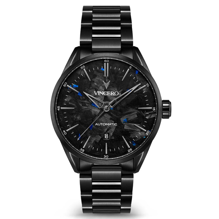 Black wristwatch with detailed face and 'Vincero' branding on a white background