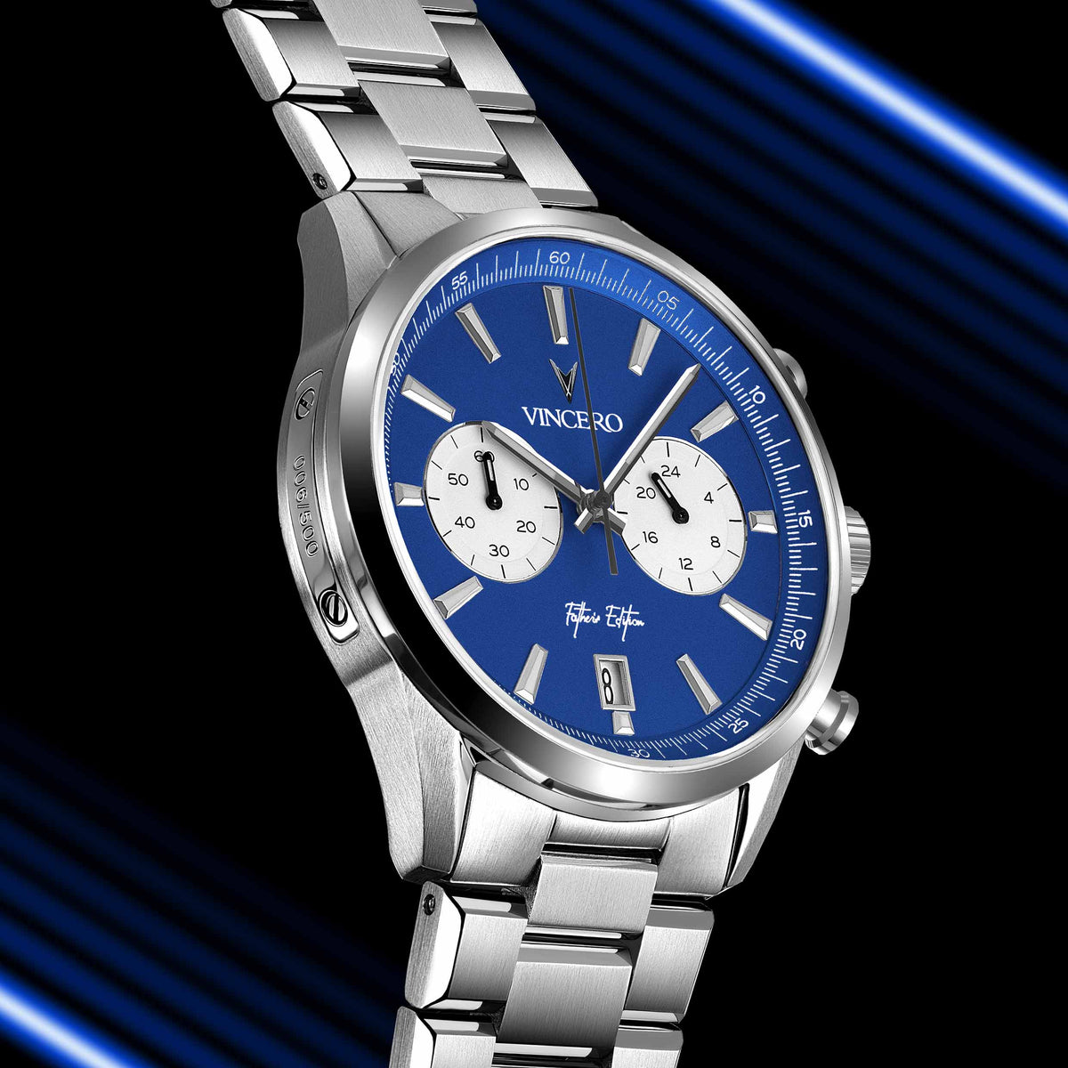 Father’s Edition watch, featuring a blue face, stainless steel casing, and steel band.