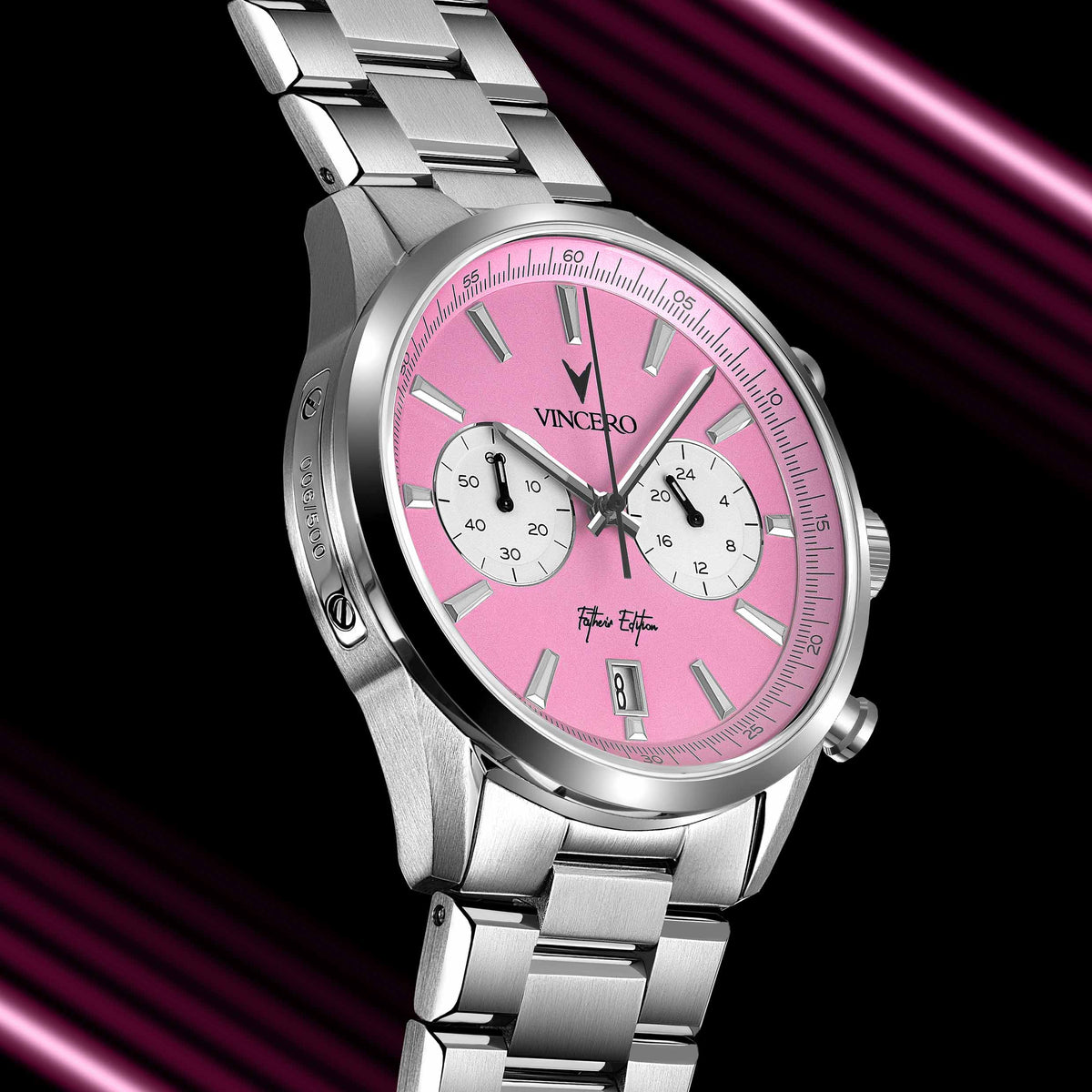 Side profile of the Father’s Edition watch, featuring a pink face, stainless steel casing, and steel band.