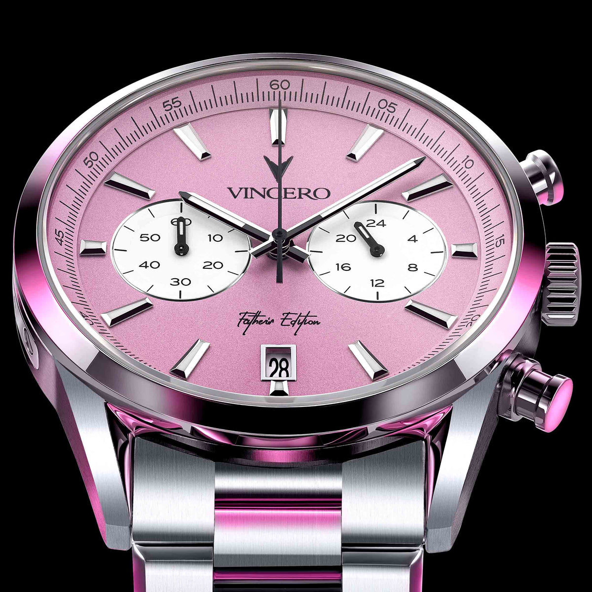 Close-up of the Father’s Edition watch, featuring a pink face, stainless steel casing, and steel band.
