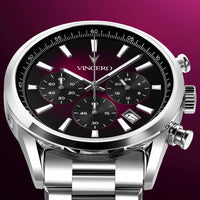 Silver wristwatch with black dial on a purple background, featuring the brand 'Vincero'.