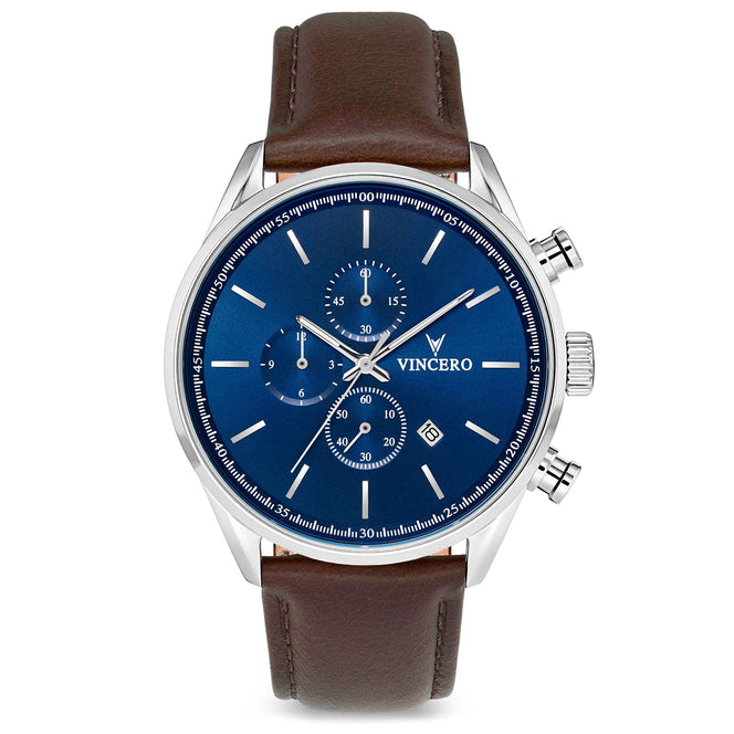 A blue and brown analog chronograph watch with a stainless steel case and a leather strap.