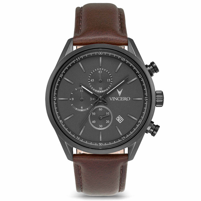 A gunmetal-colored Chrono S2 40mm watch with a walnut brown interchangeable strap, featuring a gray dial, three dials on the subdials, and a date display.