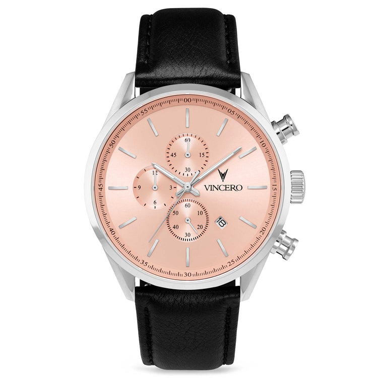 A matte black Chrono Limited Release watch with a blue sunray dial and a black leather strap.