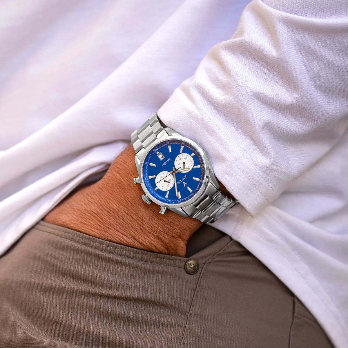 Close-up of a man wearing the Father’s Day Edition watch, with his hand in his pocket.
