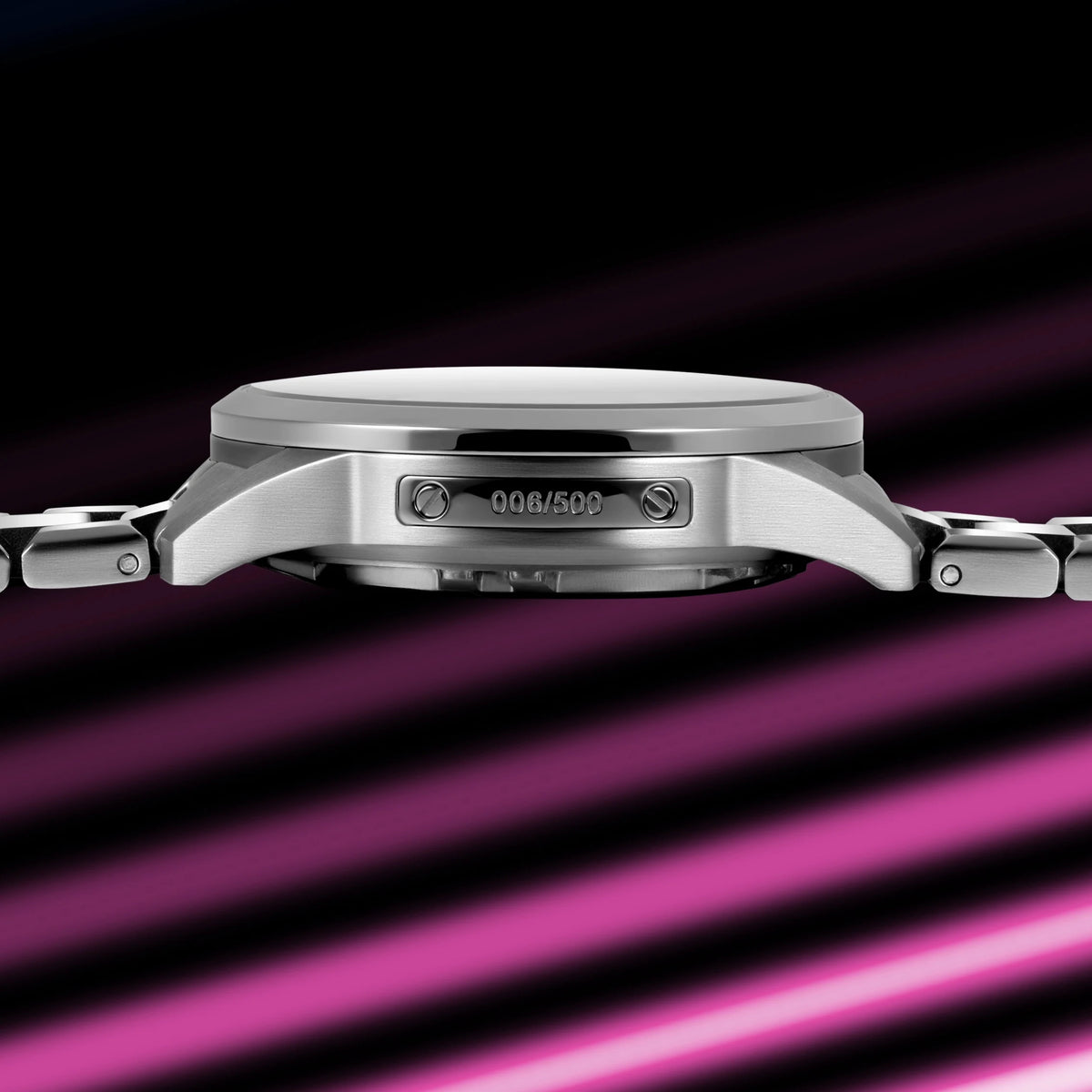 Stainless steel Father's Day watch with "006/500" engraved on the side. 