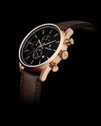 Chrono S Brown Croc Italian Leather Strap Black Watch Face Rose Gold Case Clasp Rose Gold Accents