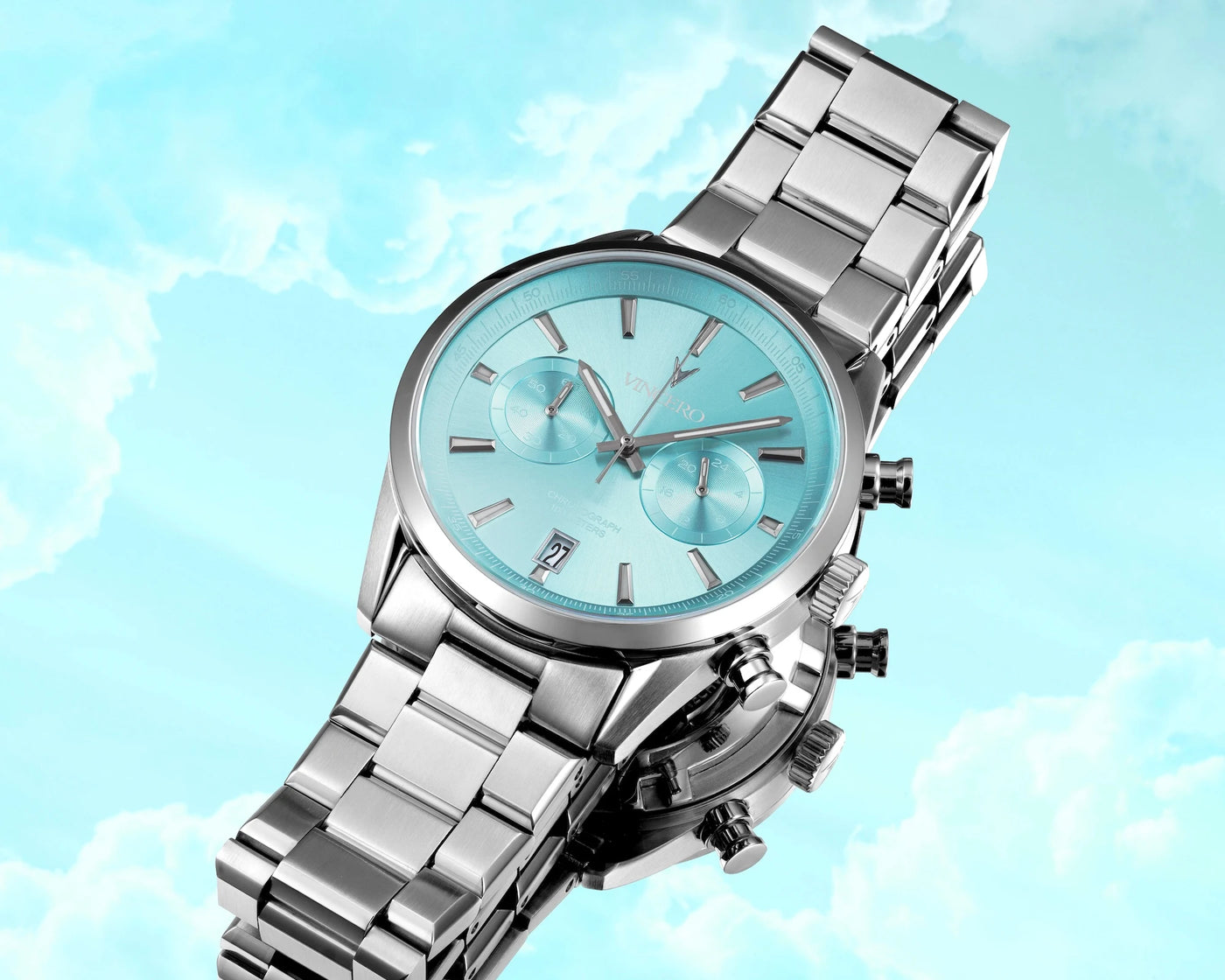 Chrono Limited Release watch, featuring a Carolina blue face, stainless steel casing, and steel band.