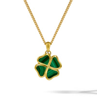 A gold chain necklace with a four-leaf clover pendant featuring green malachite inlay, shown on a clean white background.
