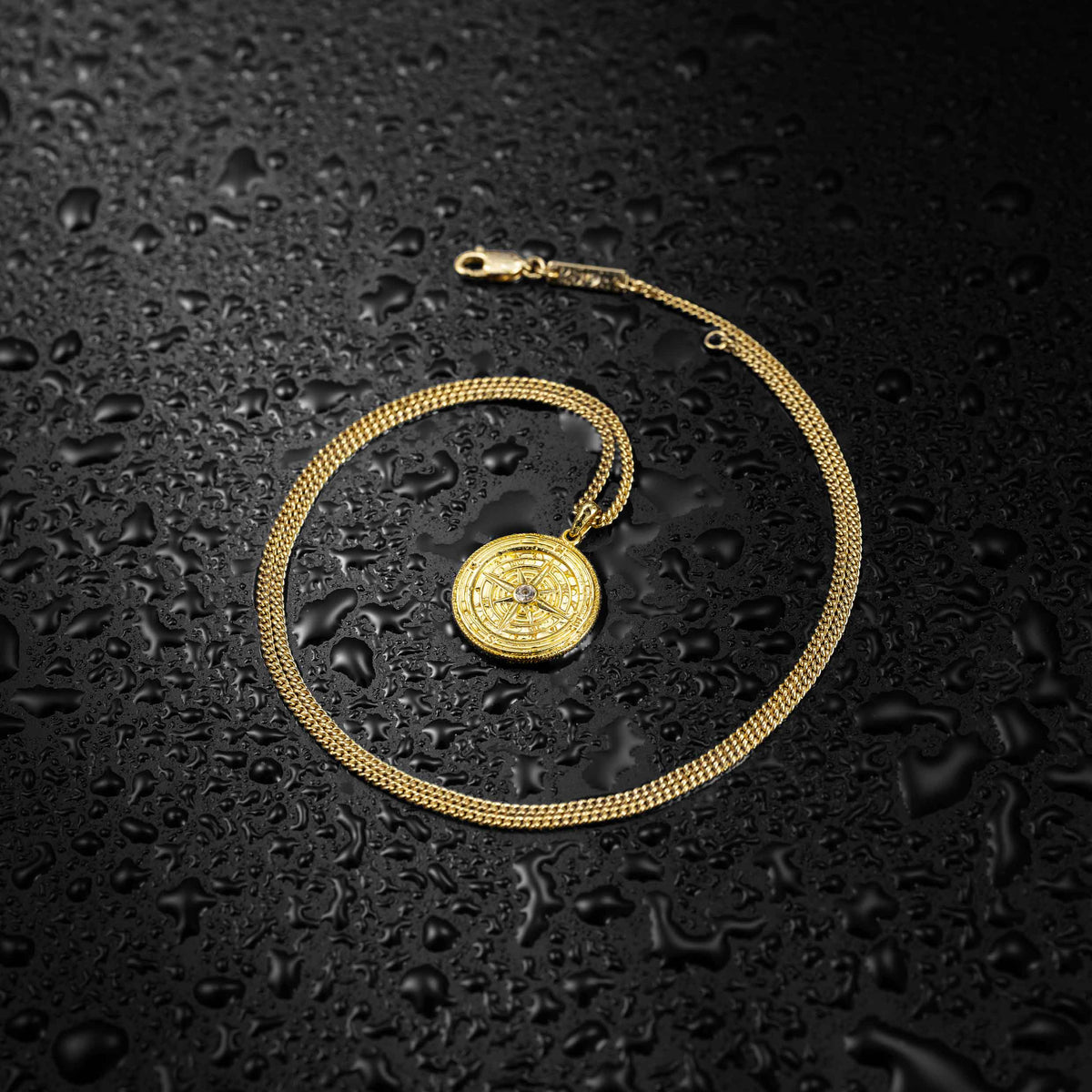 Gold necklace with a pendant on a dark, wet surface