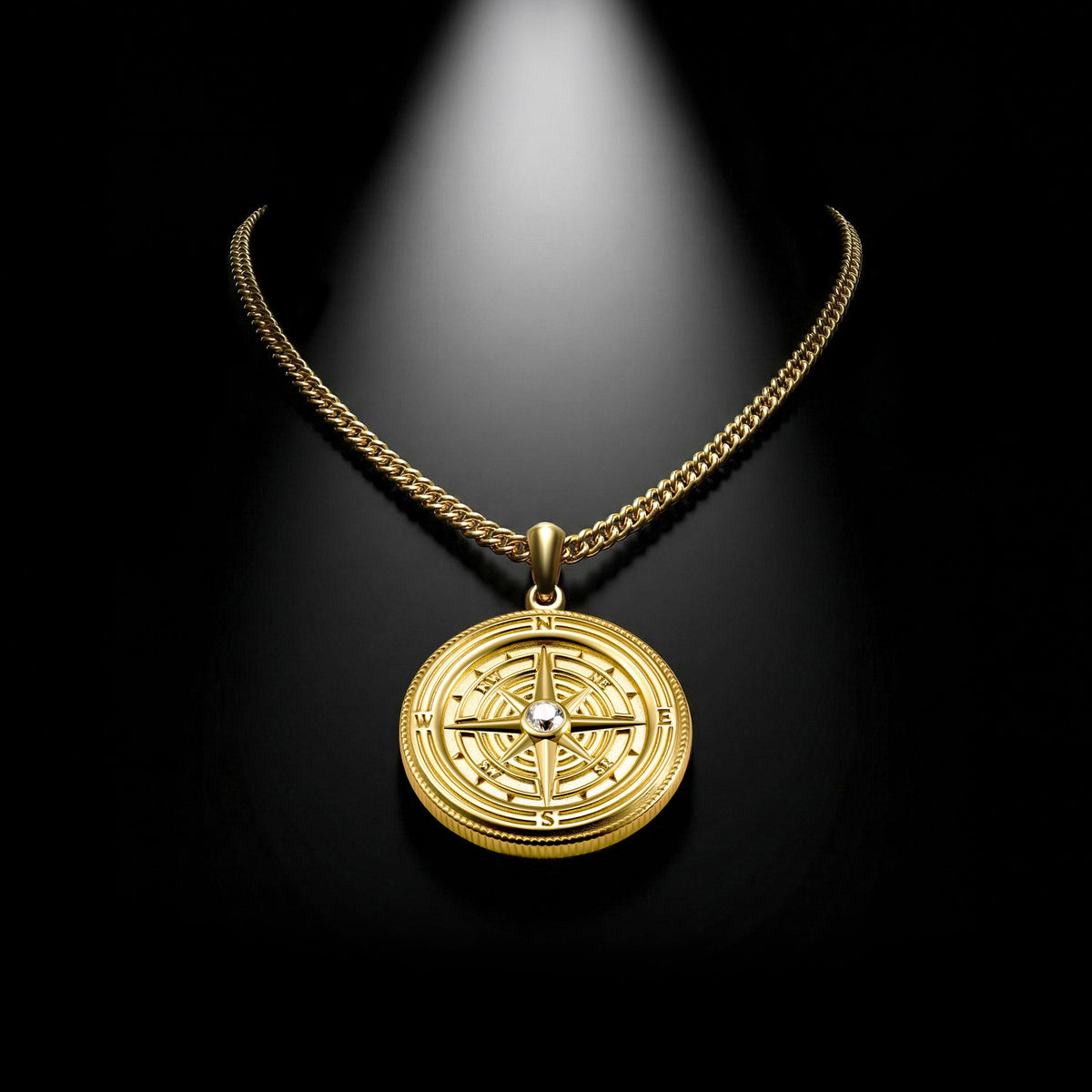 Gold necklace with a detailed pendant on a black background