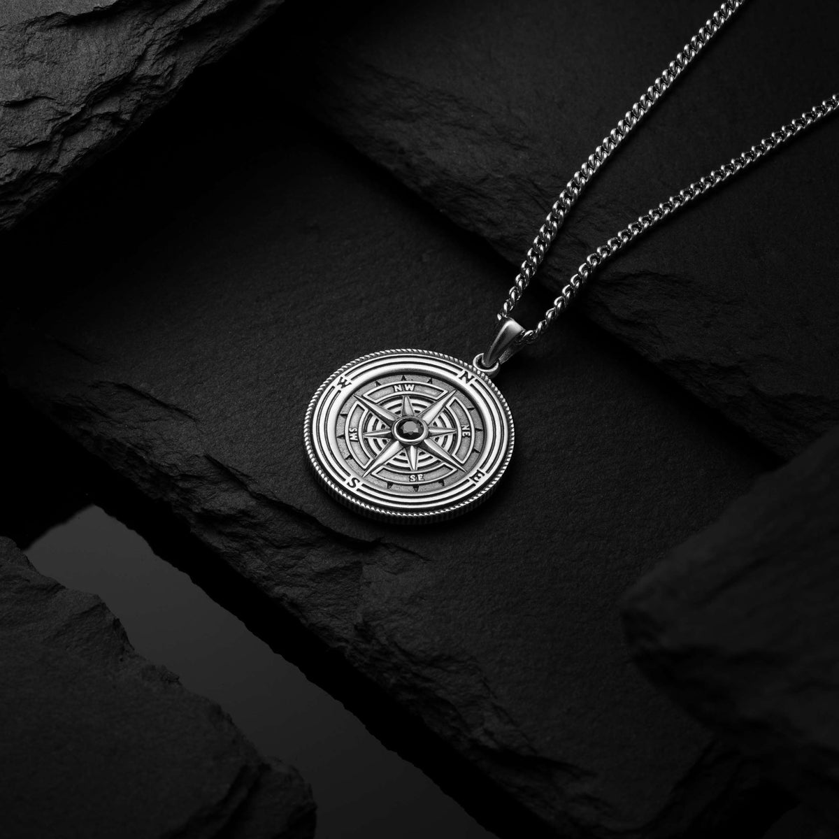 silver compass pendant for men
