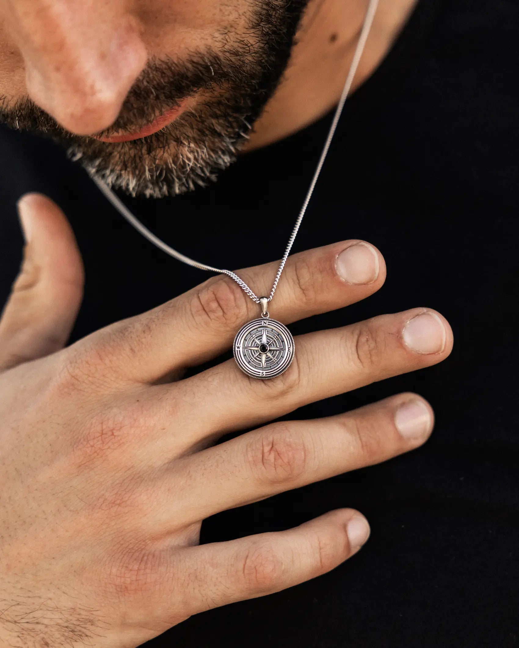 Men's Compass Necklace Black Stainless Steel Matte Hypoallergenic Captain |  eBay