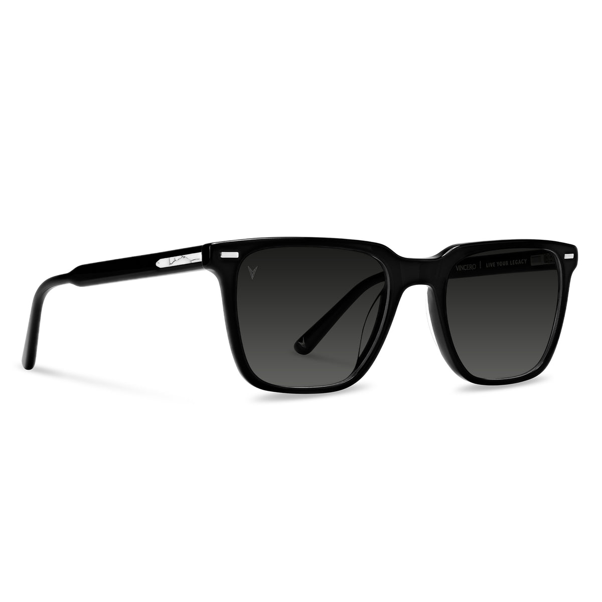Black sunglasses with dark lenses on a white background