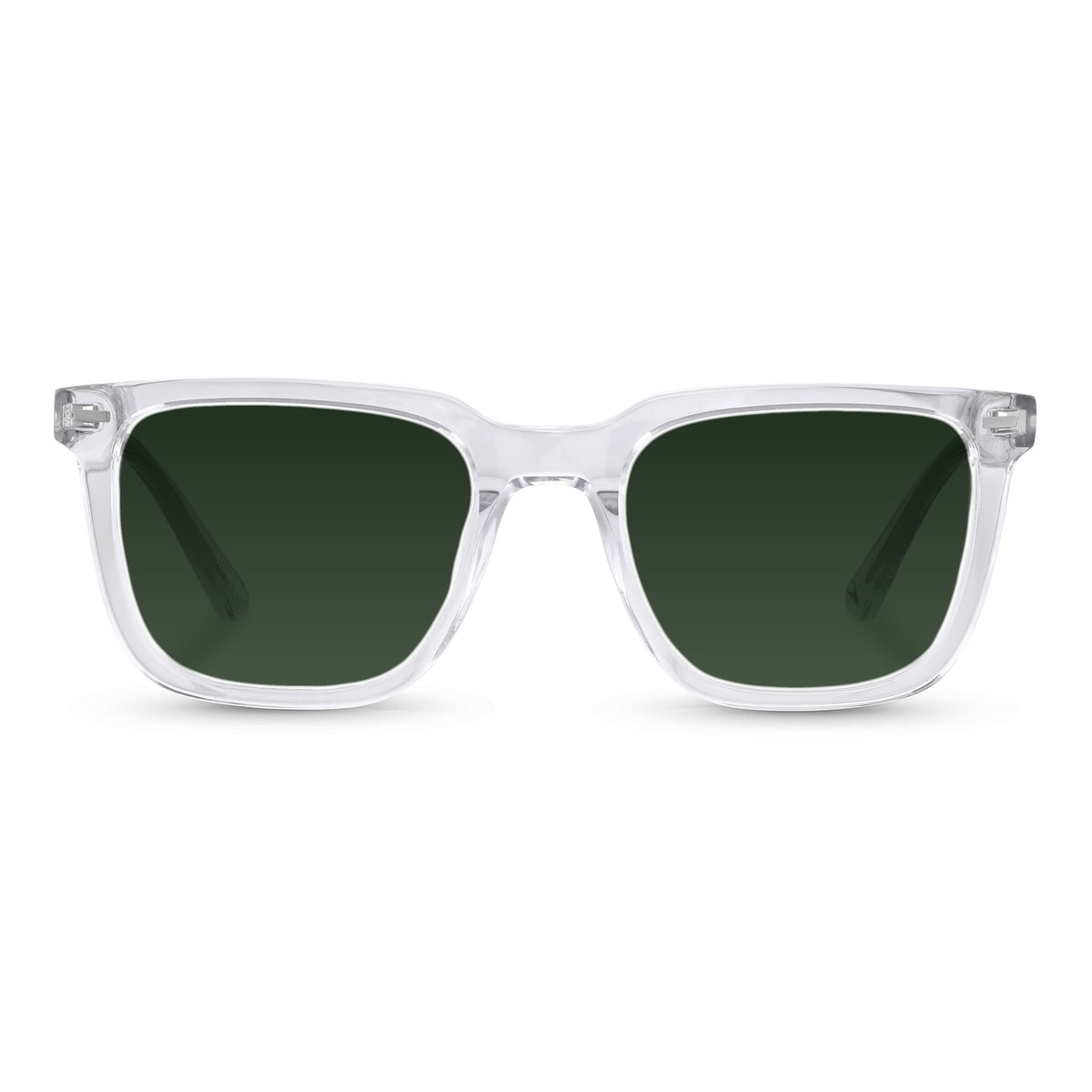 Clear frame sunglasses with dark lenses on a white background
