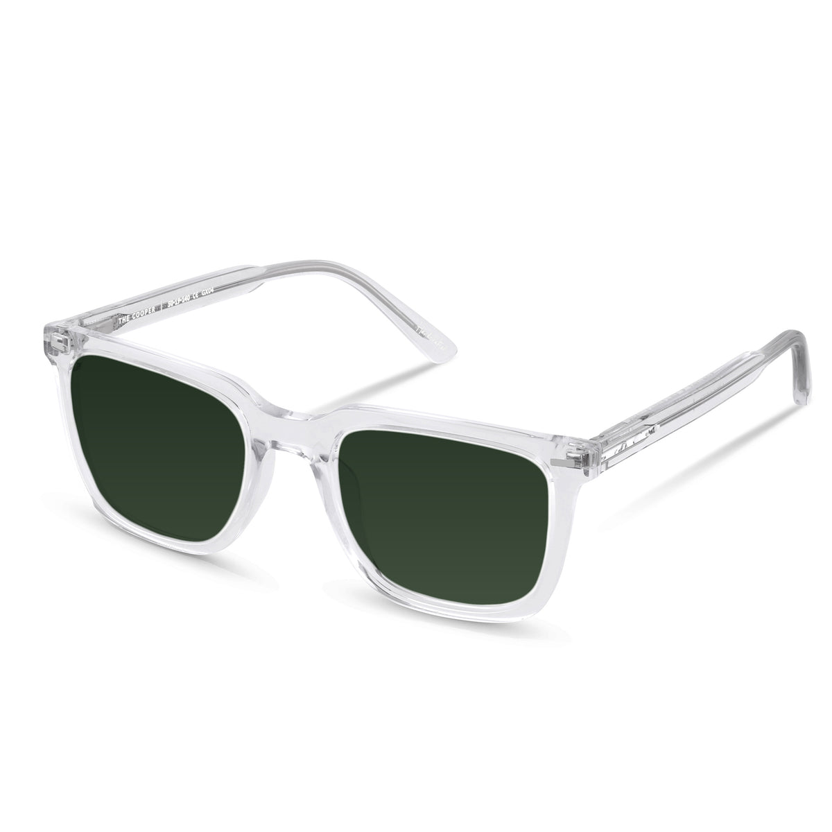 Clear frame sunglasses with green lenses on a white background