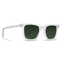 Clear frame sunglasses with green lenses on a white background