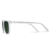Clear frame sunglasses with green lenses on a white background