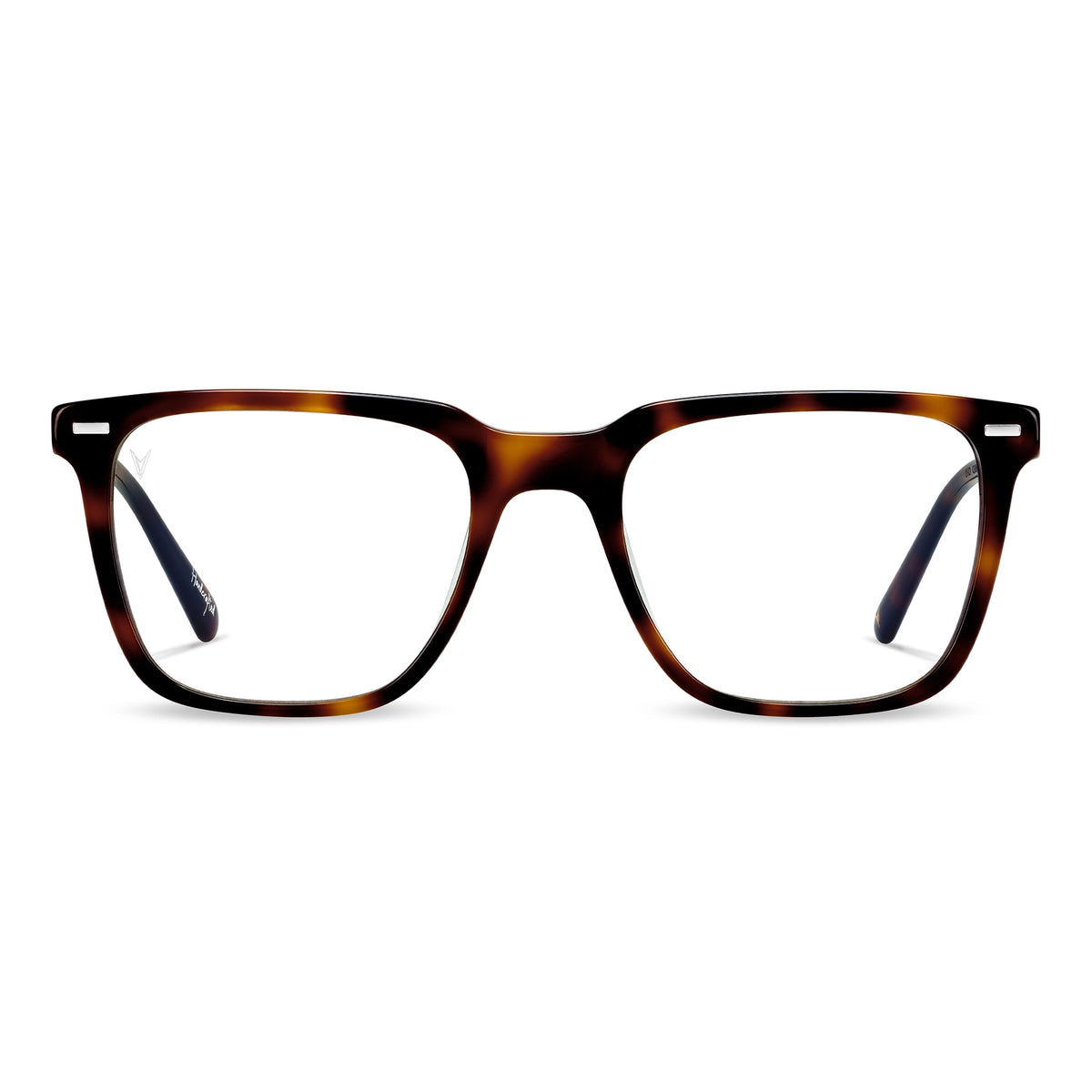 A pair of square-framed eyeglasses with rye tortoise patterned acetate and blue light blocking lenses.