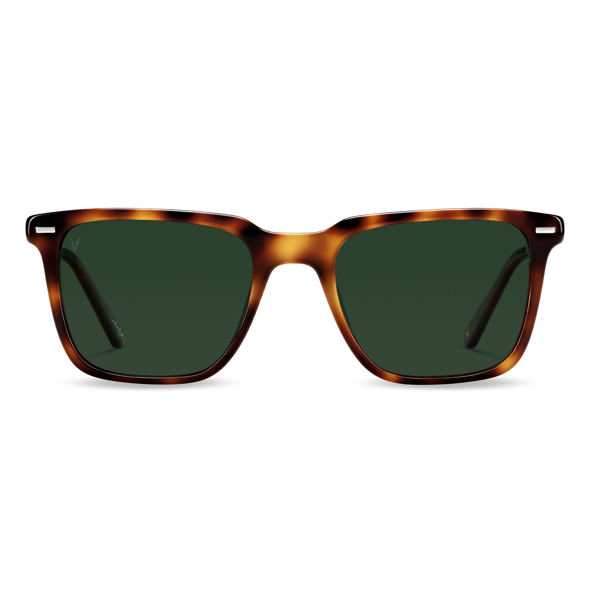 A pair of square-shaped, rye tortoise patterned sunglasses with green tinted lenses and marble accents on the temples.