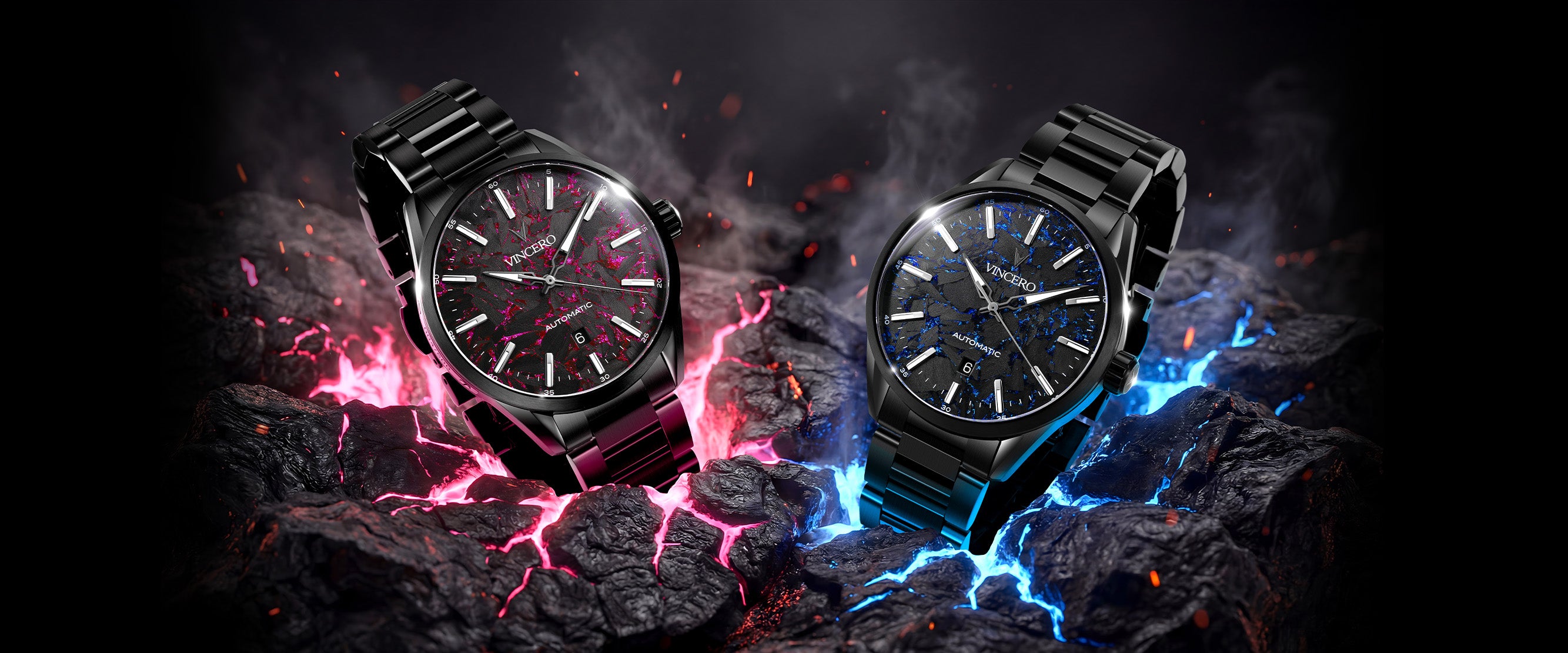 Two black watches on a dark background with colorful lighting effects