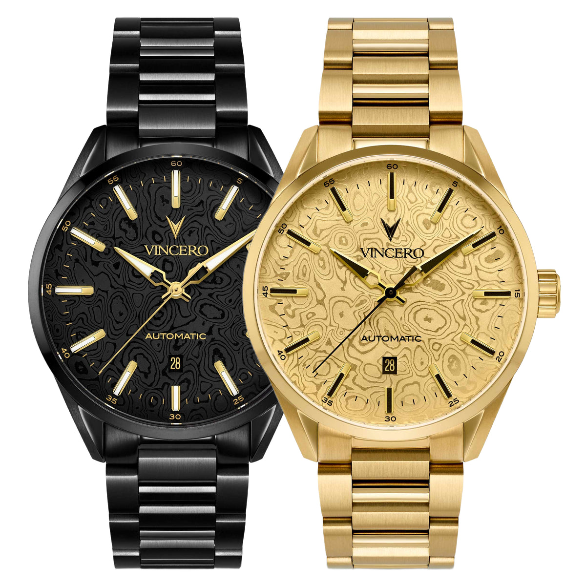 Two VINCERO men's automatic wristwatches with integrated metal link bracelets, shown side by side on a plain white background. The watch on the left is black with a black dial and black case.