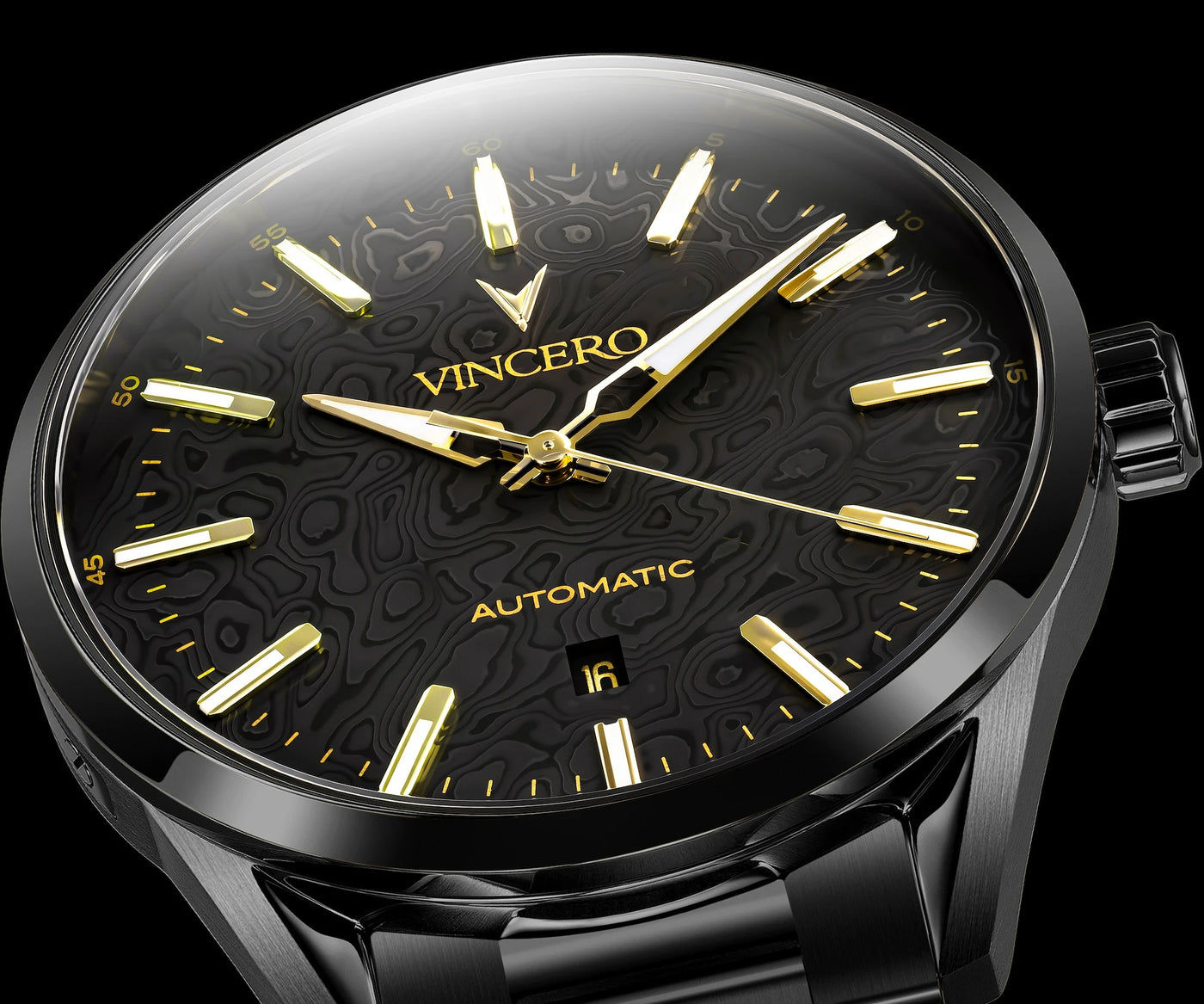 A close-up of a Vincero automatic watch with a black dial, gold-tone hands and markers, and a black metal case on a black background.