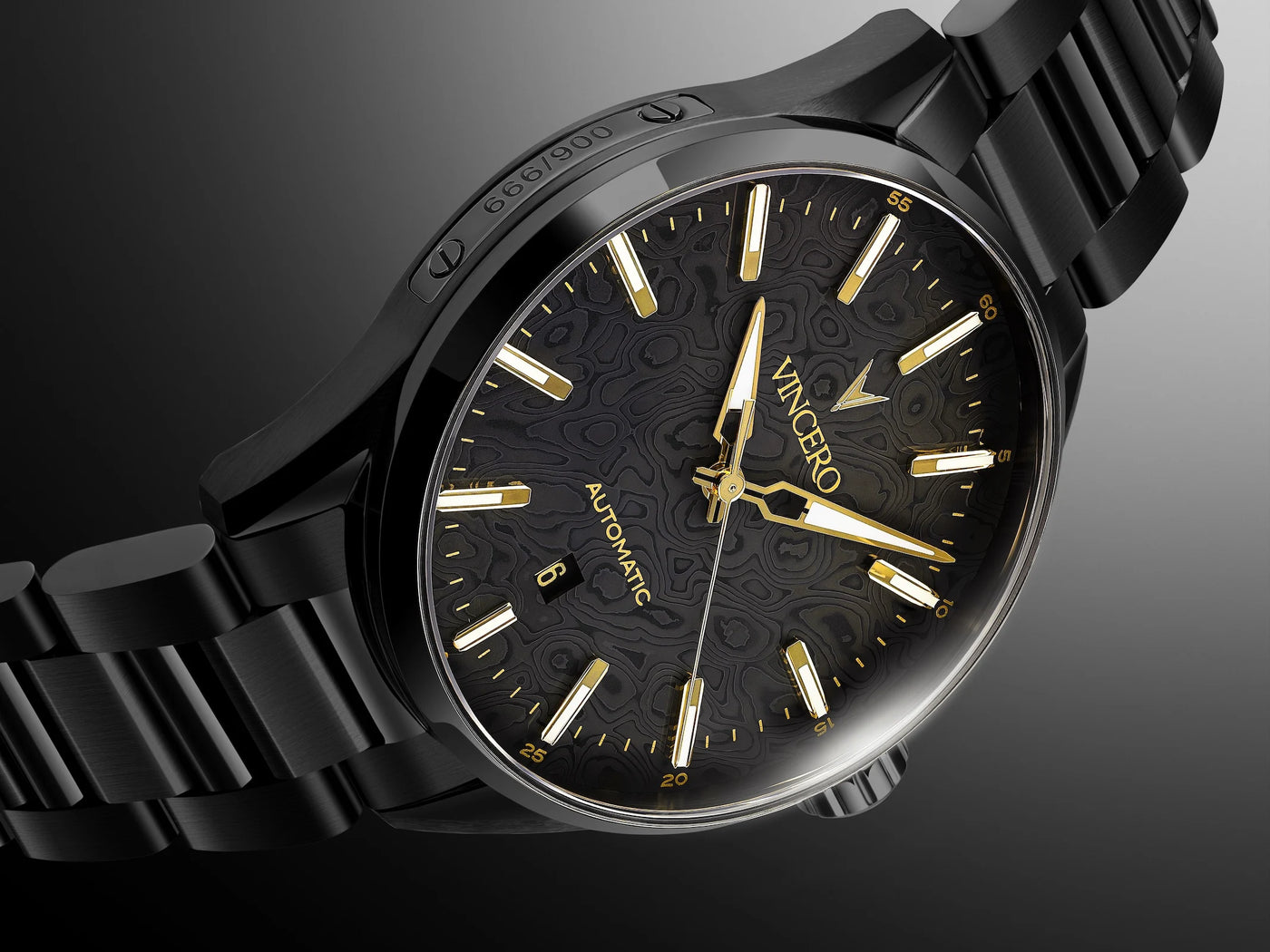 A close-up of a Vancero automatic watch with a black ceramic bracelet, black dial with gold hands and markers, and a dark gray gradient background.