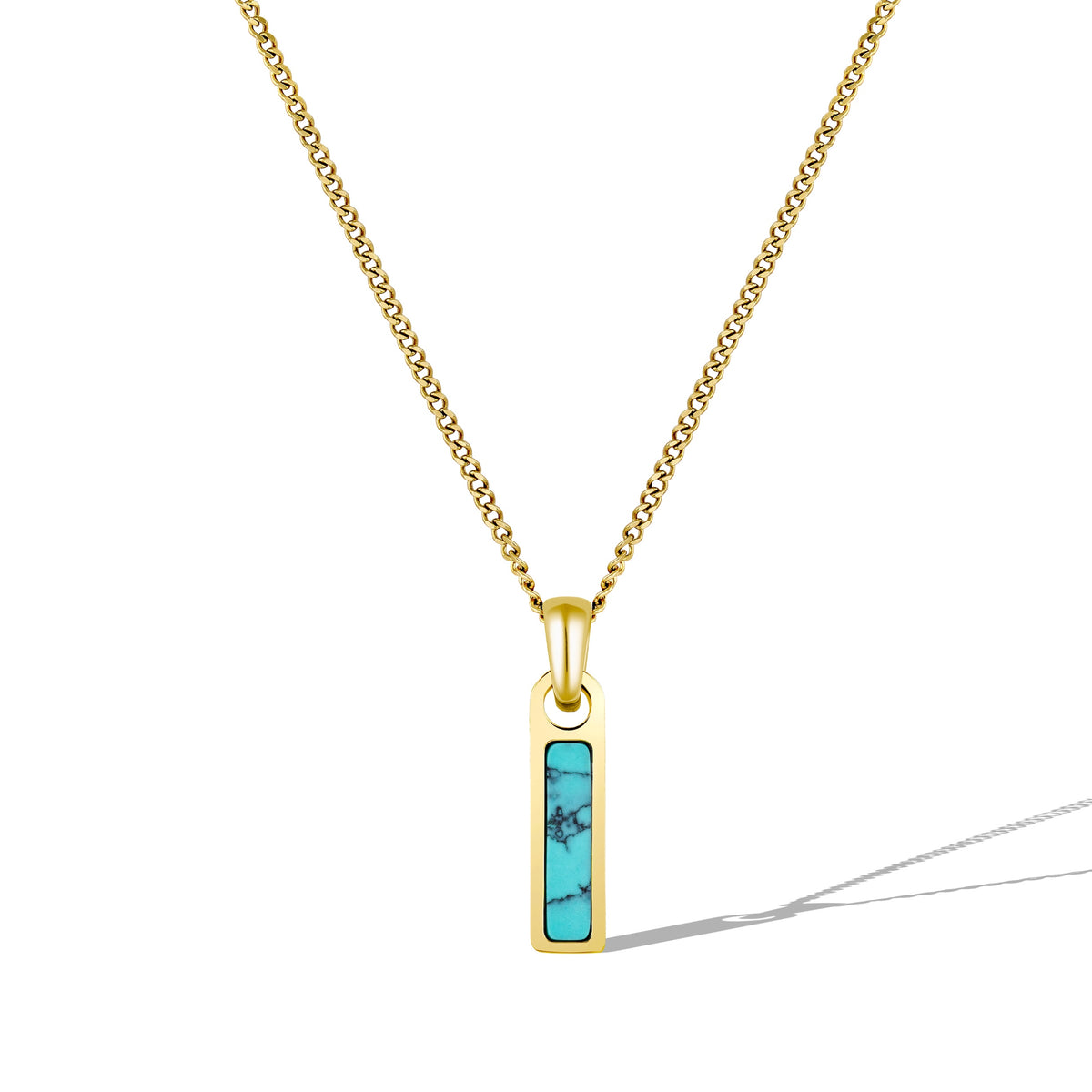 Gold necklace with a turquoise pendant on a white background