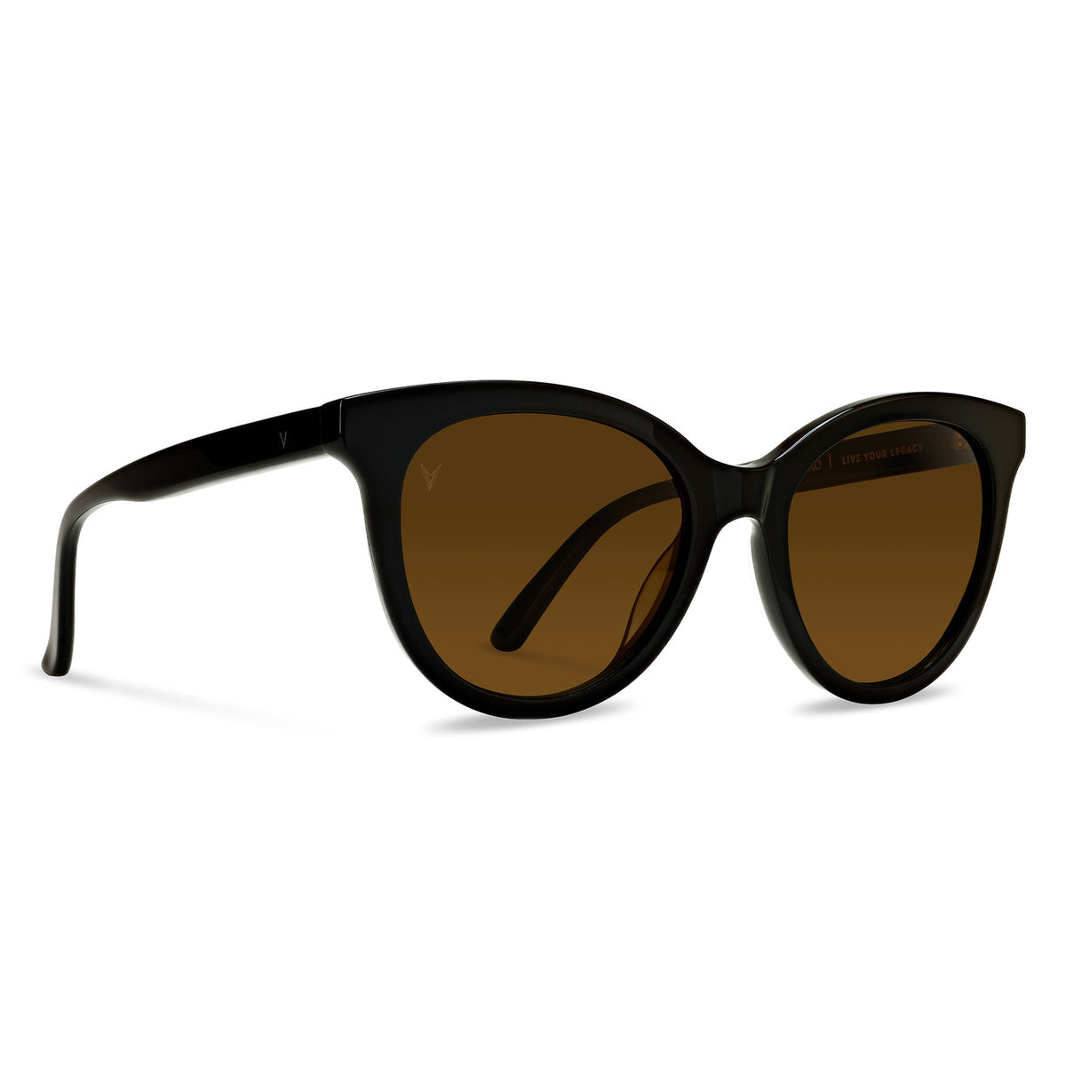 Black sunglasses with brown lenses on a white background