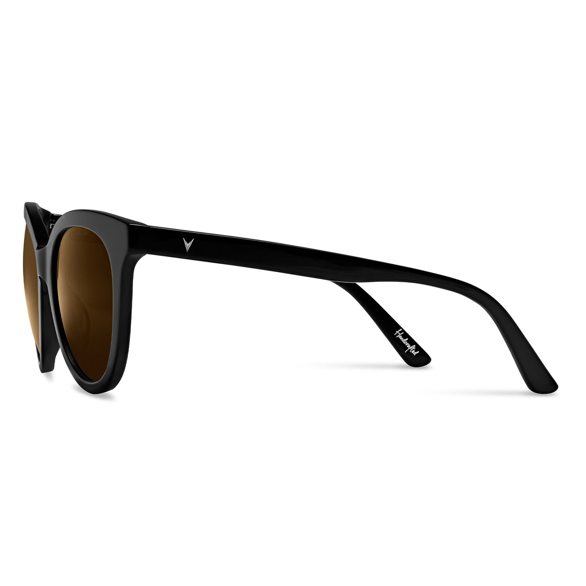 Black sunglasses with brown lenses on a white background